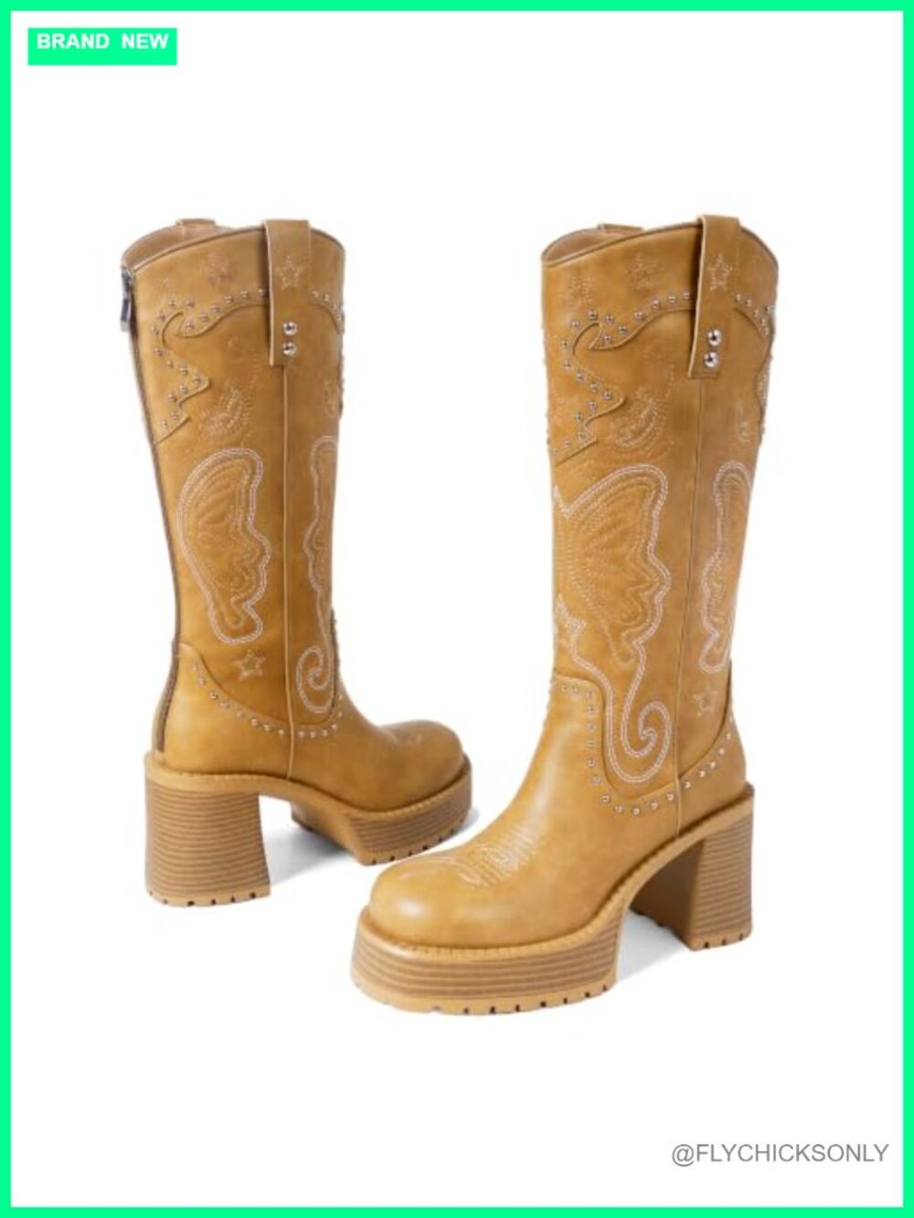 Women's Knee High Western Boots Leather Platform Chunky Heel